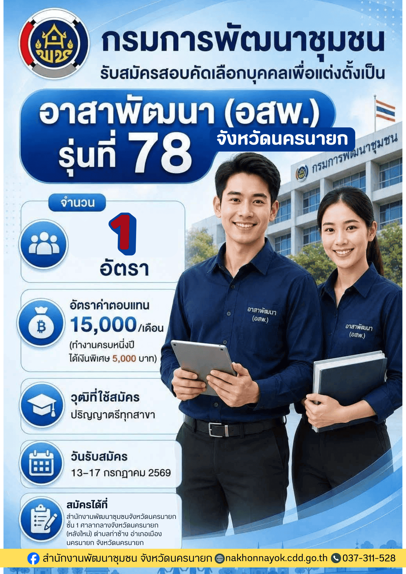 สำนักงานพัฒนาชุมชนจังหวัดนครนายก รับสมัครสอบคัดเลือกบุคคลเพื่อแต่งตั้งเป็น "​อาสาพัฒนา (อสพ.) 
